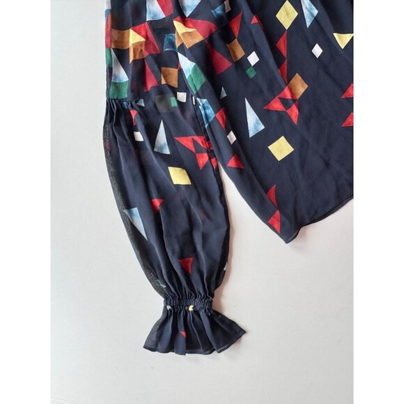 JOIE Burella Navy Geometric Print 100% Silk Georgette Ruffle Blouse, Size S - Picture 9 of 14